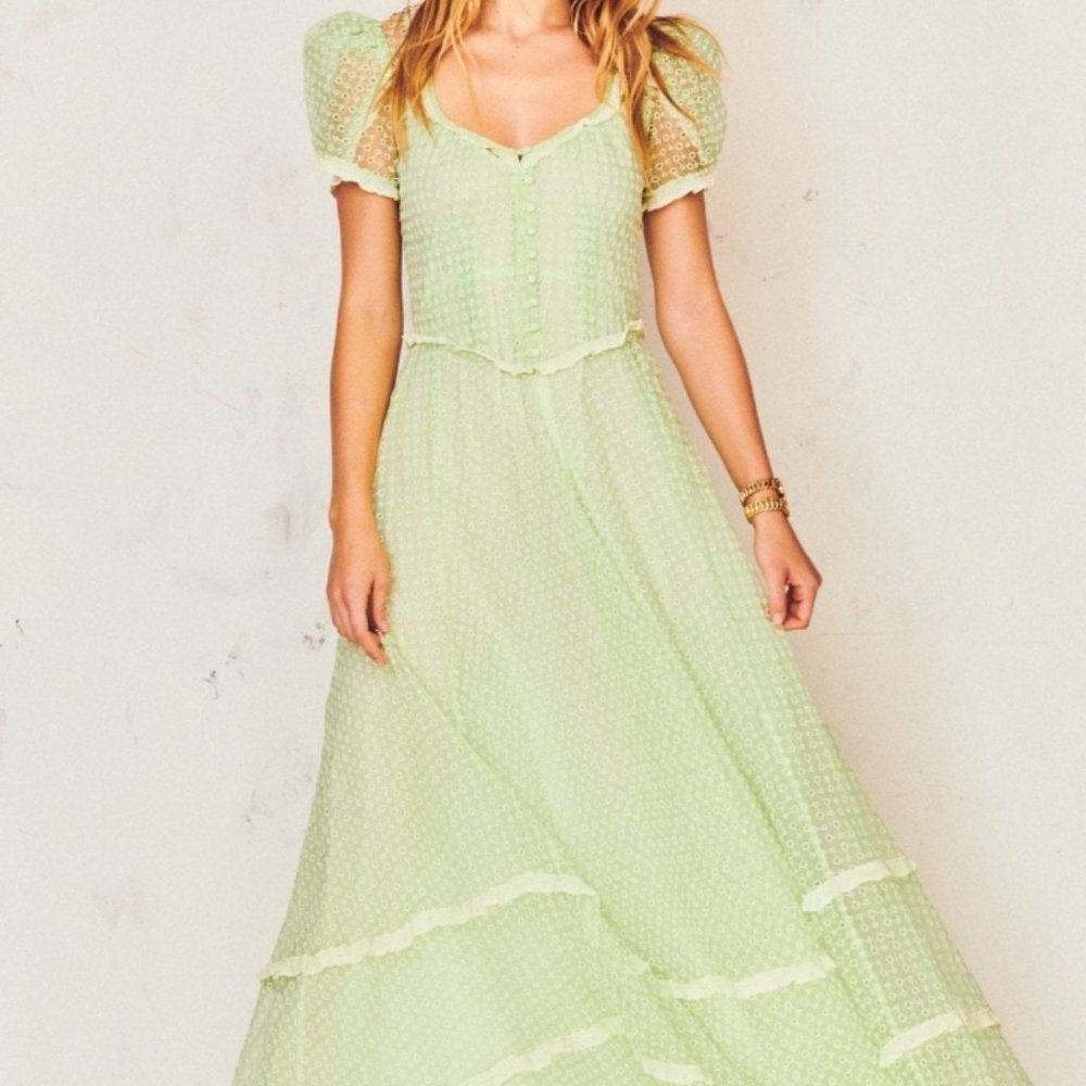 LoveShackFancy Pale Green Puff Sleeve Maxi Dress
